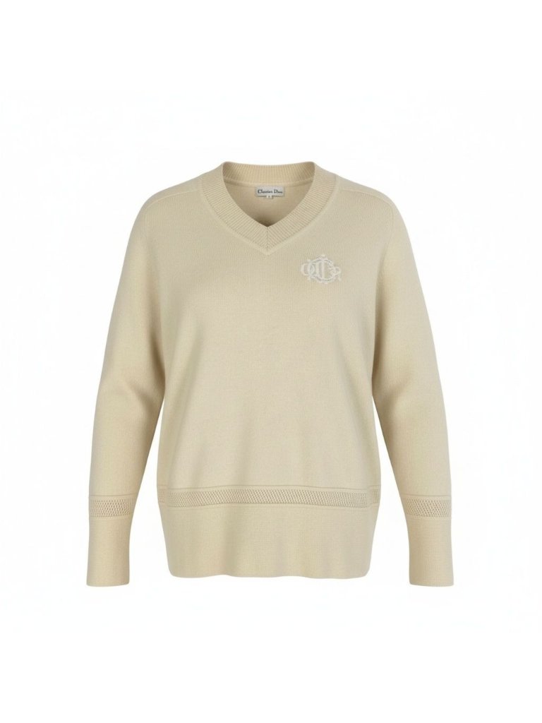 Dior Emblem Logo Knit Sweater Top L Cream